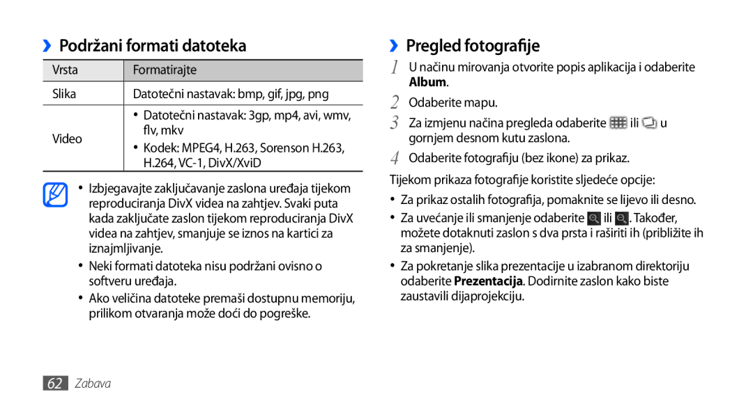 Samsung GT-I9000HKDTRA, GT-I9000HKDVIP, GT-I9000HKDXEU manual ››Podržani formati datoteka, ››Pregled fotografije, Album 