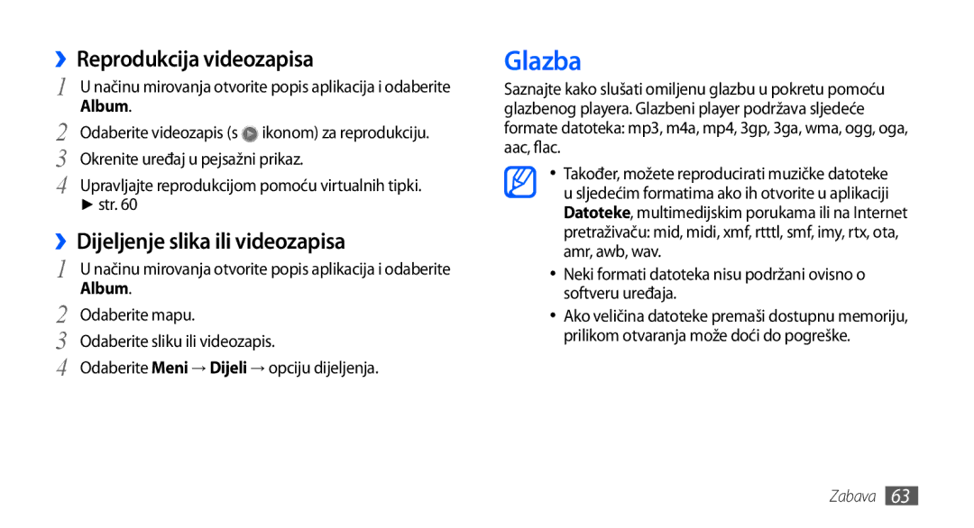 Samsung GT-I9000HKYTRA, GT-I9000HKDVIP manual Glazba, ››Reprodukcija videozapisa, ››Dijeljenje slika ili videozapisa, Str 