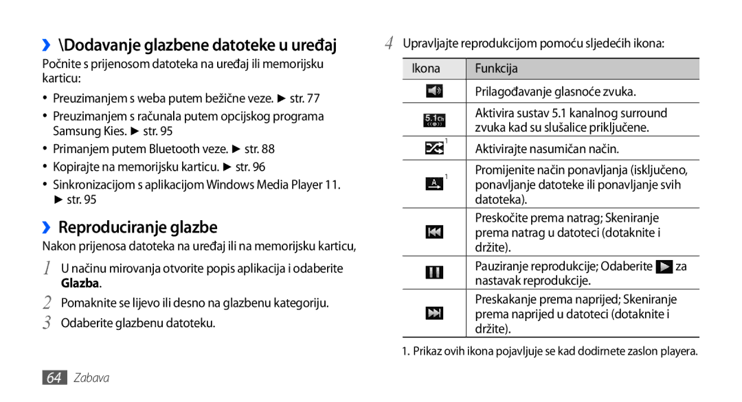 Samsung GT-I9000HKDTWO, GT-I9000HKDVIP manual ››Reproduciranje glazbe, ››\Dodavanje glazbene datoteke u uređaj, Glazba 