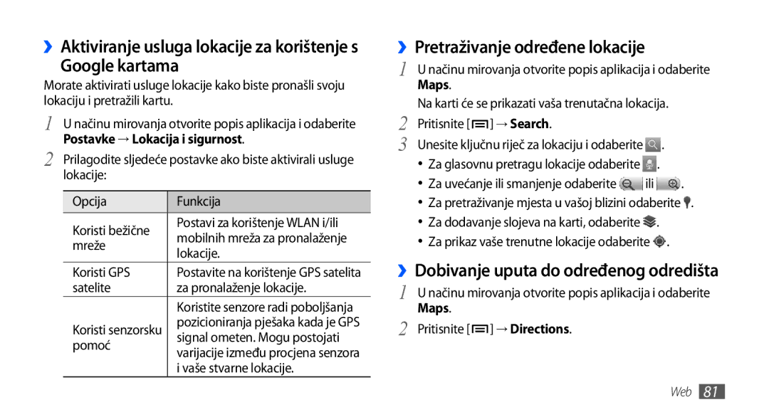 Samsung GT-I9000HKYTRA Google kartama, ››Pretraživanje određene lokacije, ››Aktiviranje usluga lokacije za korištenje s 