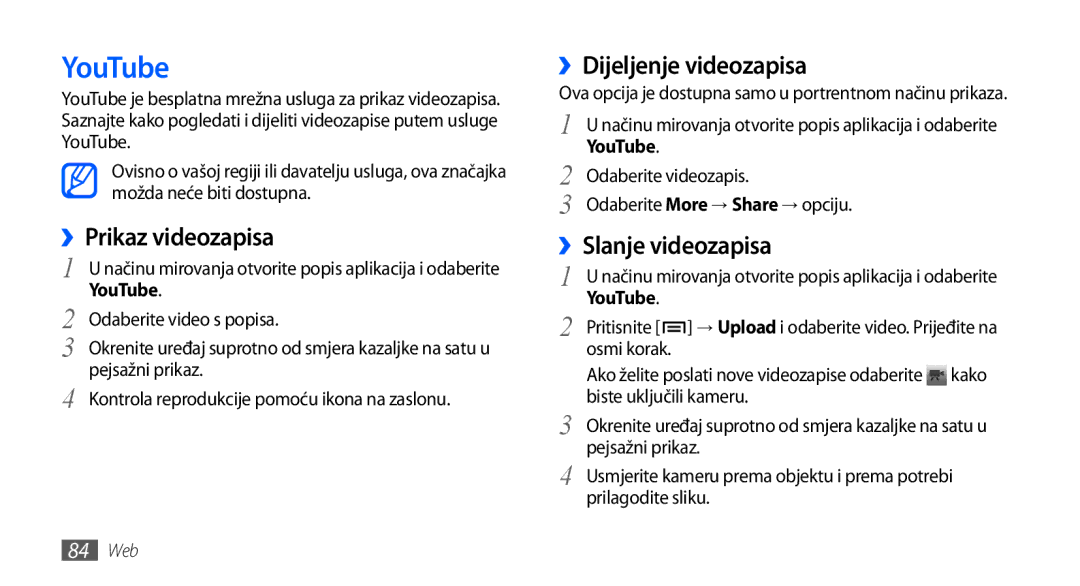 Samsung GT-I9000HKATRA, GT-I9000HKDVIP manual YouTube, ››Prikaz videozapisa, ››Dijeljenje videozapisa, ››Slanje videozapisa 