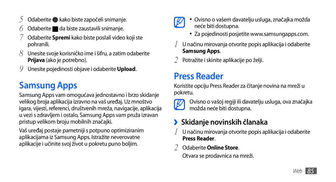 Samsung GT-I9000HKACRO, GT-I9000HKDVIP, GT-I9000HKDXEU manual Samsung Apps, Press Reader, ››Skidanje novinskih članaka 