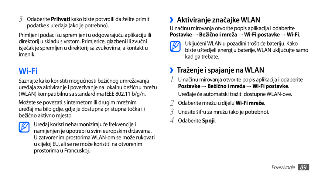 Samsung GT-I9000HKATWO, GT-I9000HKDVIP, GT-I9000HKDXEU Wi-Fi, ››Aktiviranje značajke Wlan, ››Traženje i spajanje na Wlan 