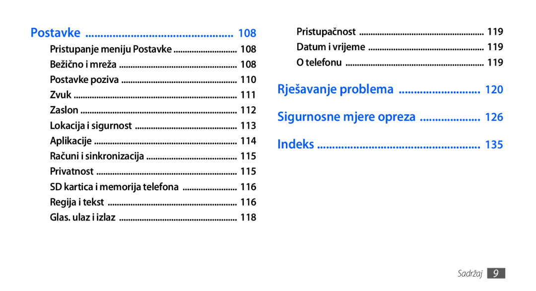 Samsung GT-I9000HKYTRA, GT-I9000HKDVIP, GT-I9000HKDXEU, GT-I9000HKYVIP Postavke 108, 119, Rješavanje problema 120, 126, 135 