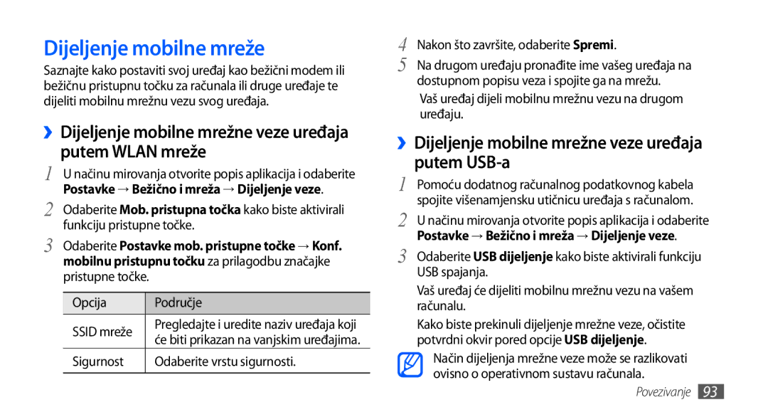 Samsung GT-I9000HKYTSR Dijeljenje mobilne mreže, ››Dijeljenje mobilne mrežne veze uređaja putem USB-a, Opcija Područje 