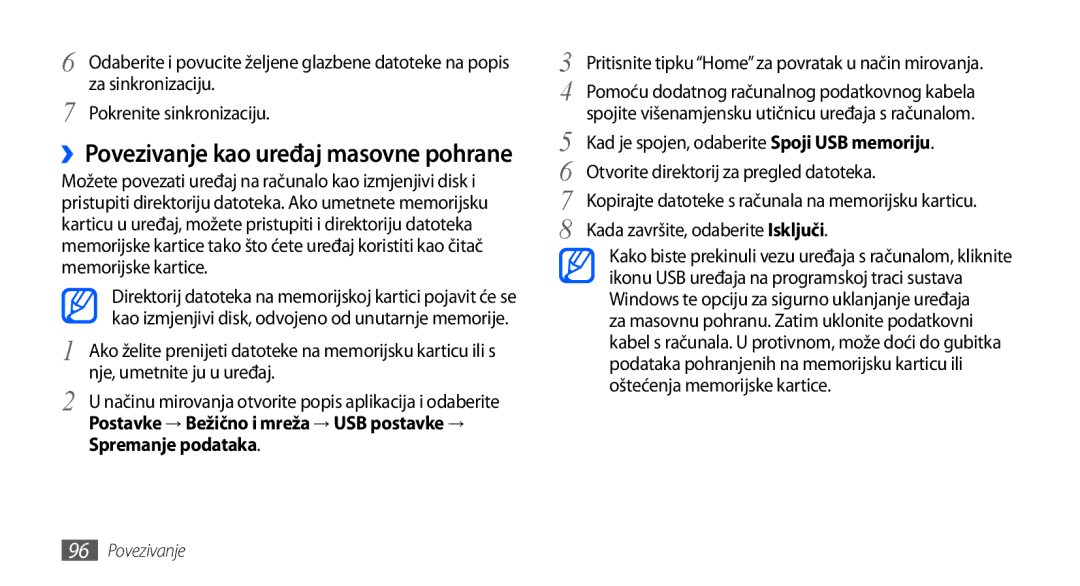 Samsung GT-I9000HKDCRO manual ››Povezivanje kao uređaj masovne pohrane, Za sinkronizaciju, Pokrenite sinkronizaciju 