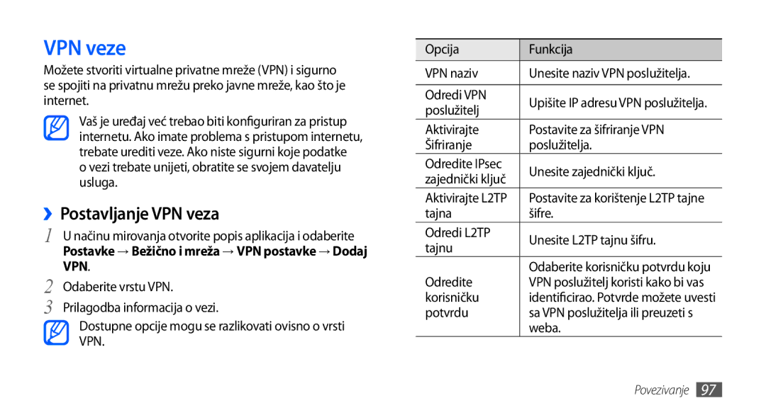 Samsung GT-I9000HKYTWO manual VPN veze, ››Postavljanje VPN veza, Odaberite vrstu VPN, Prilagodba informacija o vezi 