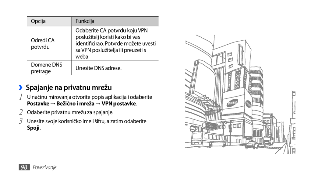 Samsung GT-I9000HKDTRA, GT-I9000HKDVIP manual ››Spajanje na privatnu mrežu, Odredi CA Poslužitelj koristi kako bi vas, Spoji 