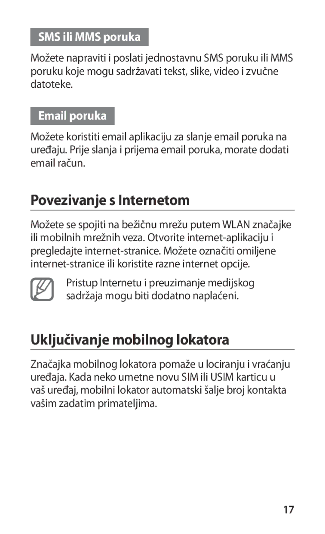 Samsung GT-I9000HKATWO manual Povezivanje s Internetom, Uključivanje mobilnog lokatora, SMS ili MMS poruka, Email poruka 