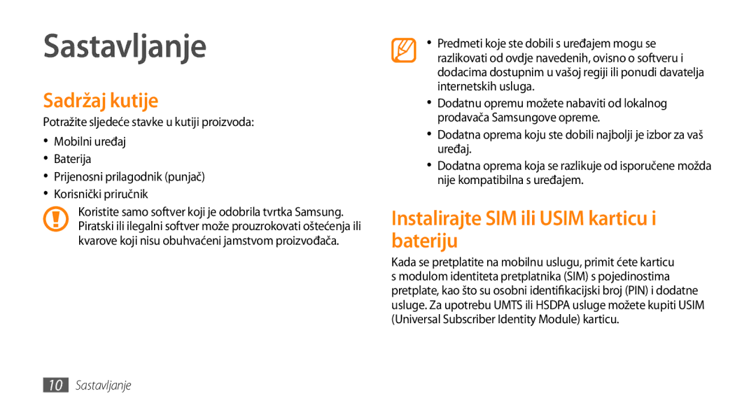 Samsung GT-I9000HKDTWO, GT-I9000HKDVIP manual Sastavljanje, Sadržaj kutije, Instalirajte SIM ili Usim karticu i bateriju 