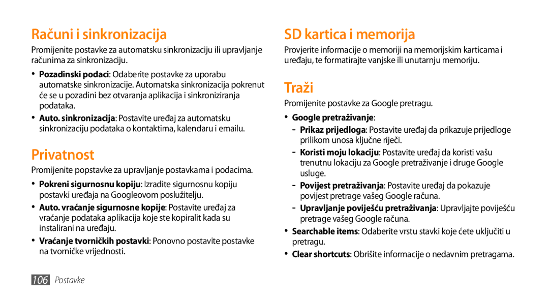 Samsung GT-I9000HKYCRO manual Računi i sinkronizacija, Privatnost, SD kartica i memorija, Traži, Google pretraživanje 