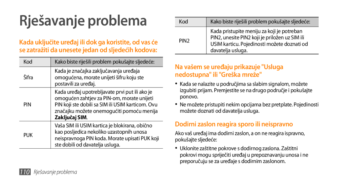 Samsung GT-I9000HKYVIP, GT-I9000HKDVIP, GT-I9000HKDXEU, GT-I9000HKYTSR manual Zaključaj SIM, 110 Rješavanje problema 