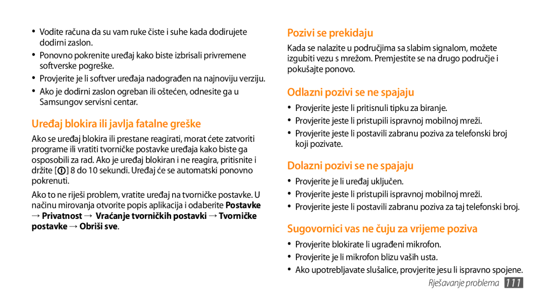 Samsung GT-I9000HKYTSR, GT-I9000HKDVIP, GT-I9000HKDXEU manual Uređaj blokira ili javlja fatalne greške, Rješavanje problema 