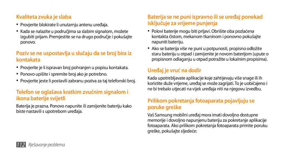 Samsung GT-I9000HKYSMO, GT-I9000HKDVIP manual Ponovo upišite i spremite broj ako je potrebno, 112 Rješavanje problema 