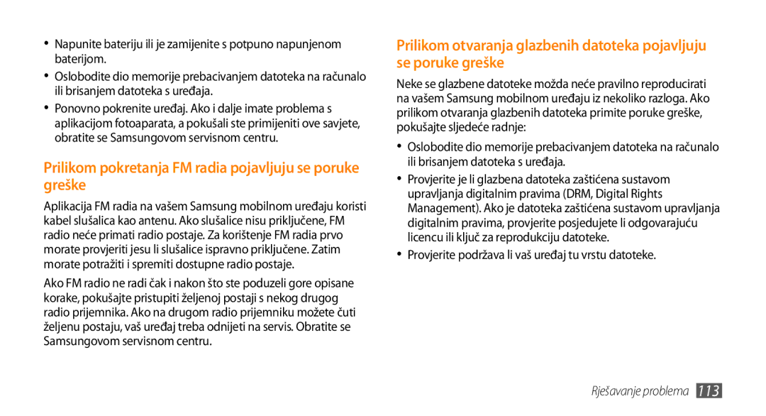 Samsung GT-I9000HKAVIP, GT-I9000HKDVIP, GT-I9000HKDXEU manual Prilikom pokretanja FM radia pojavljuju se poruke greške 