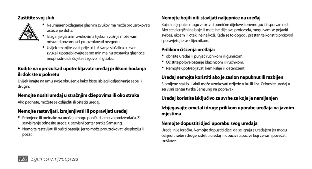 Samsung GT-I9000HKATRA, GT-I9000HKDVIP manual Zaštitite svoj sluh, Nemojte rastavljati, izmjenjivati ili popravljati uređaj 