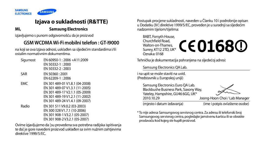 Samsung GT-I9000HKYTSR, GT-I9000HKDVIP, GT-I9000HKDXEU manual GSM Wcdma Wi-Fi mobilni telefon GT-I9000, Samsung Electronics 