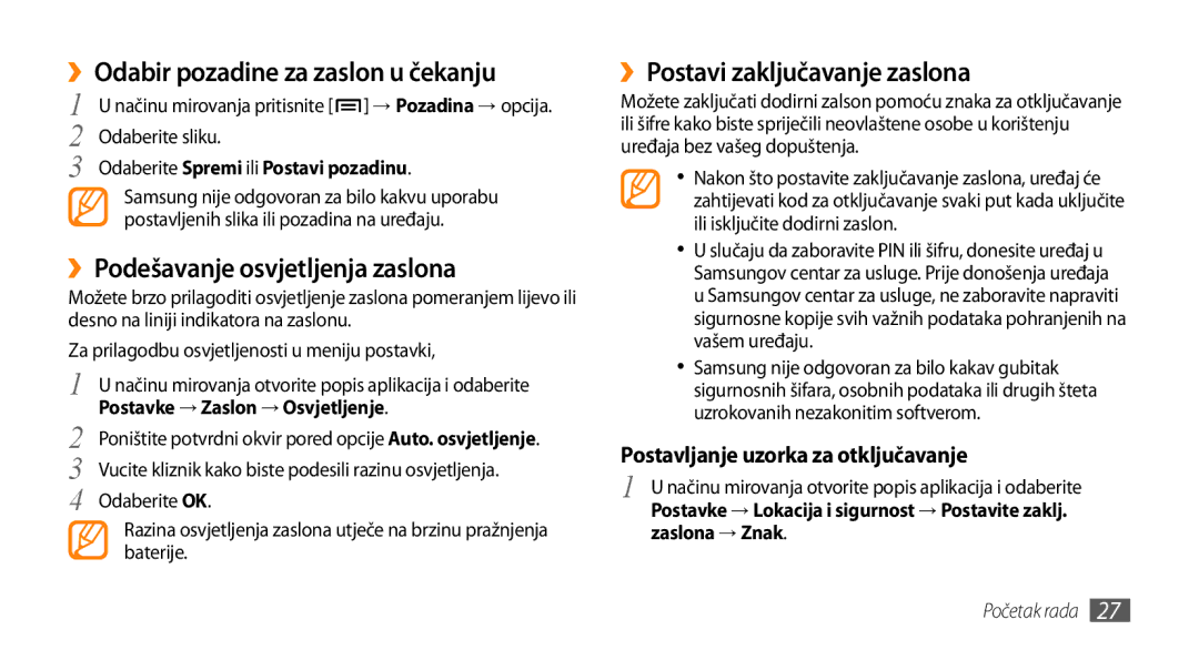 Samsung GT-I9000HKYTRA manual ››Odabir pozadine za zaslon u čekanju, ››Podešavanje osvjetljenja zaslona, Zaslona → Znak 