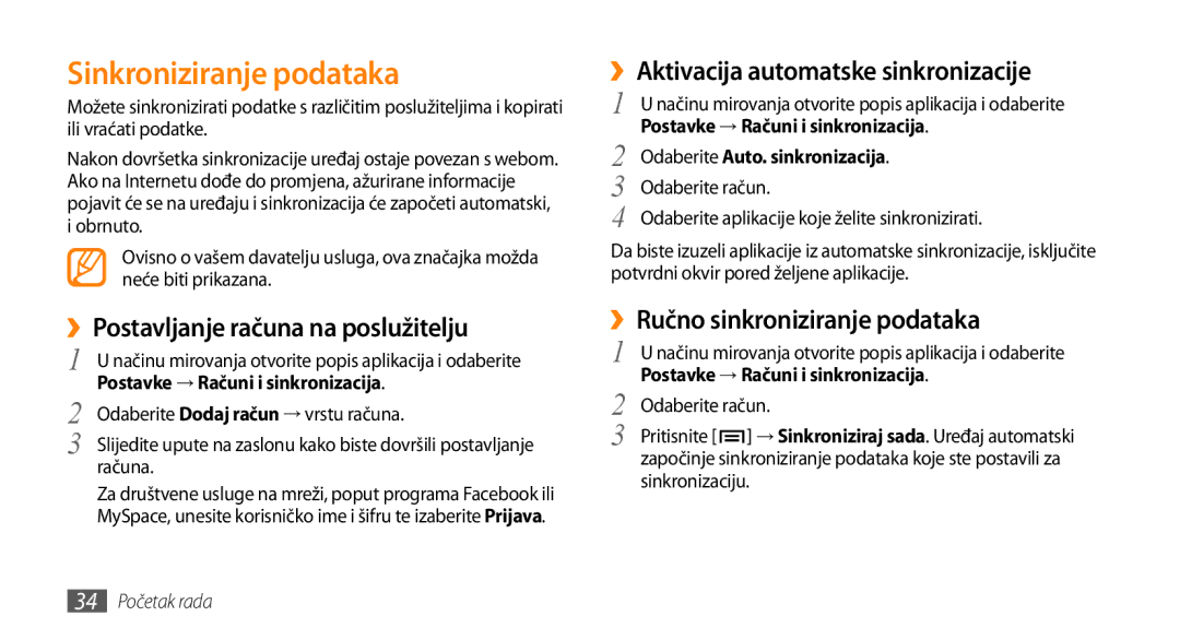 Samsung GT-I9000HKYCRO Sinkroniziranje podataka, ››Postavljanje računa na poslužitelju, ››Ručno sinkroniziranje podataka 