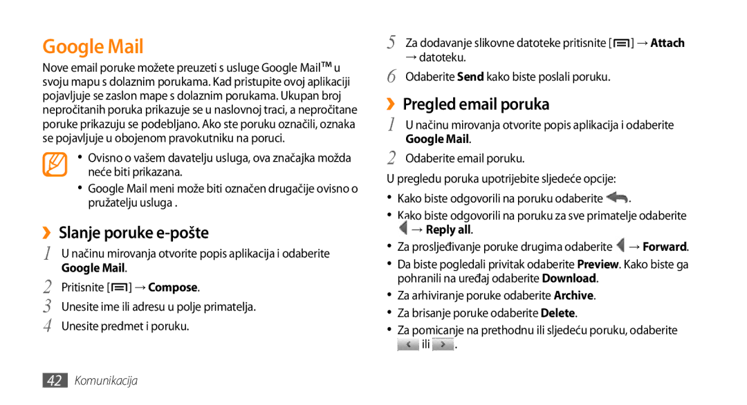 Samsung GT-I9000HKDCRO, GT-I9000HKDVIP manual Google Mail, ››Slanje poruke e-pošte, ››Pregled email poruka, → Reply all 