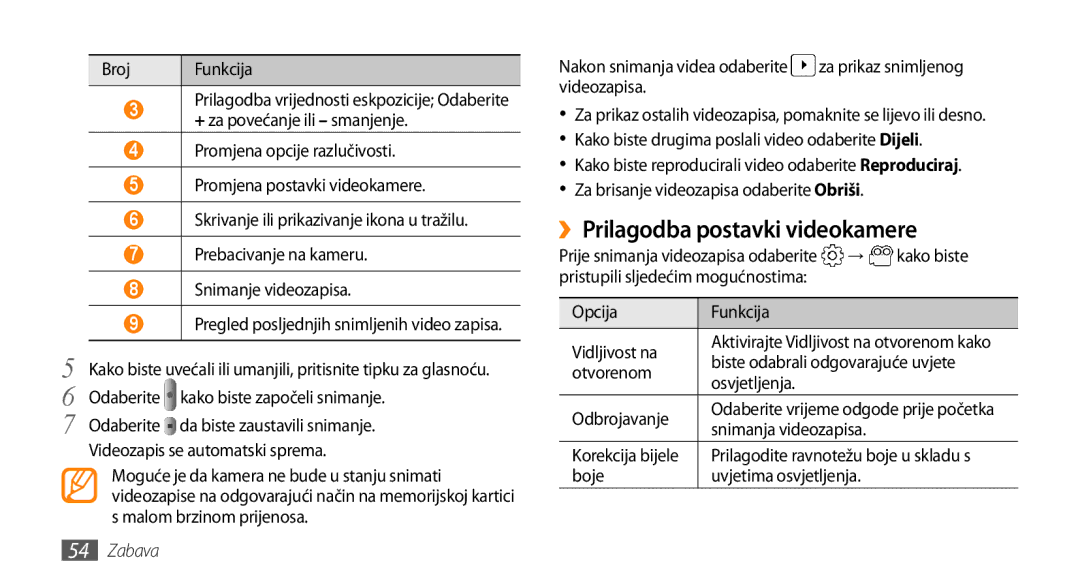 Samsung GT-I9000HKDVIP, GT-I9000HKDXEU manual ››Prilagodba postavki videokamere, Osvjetljenja Odbrojavanje, Korekcija bijele 