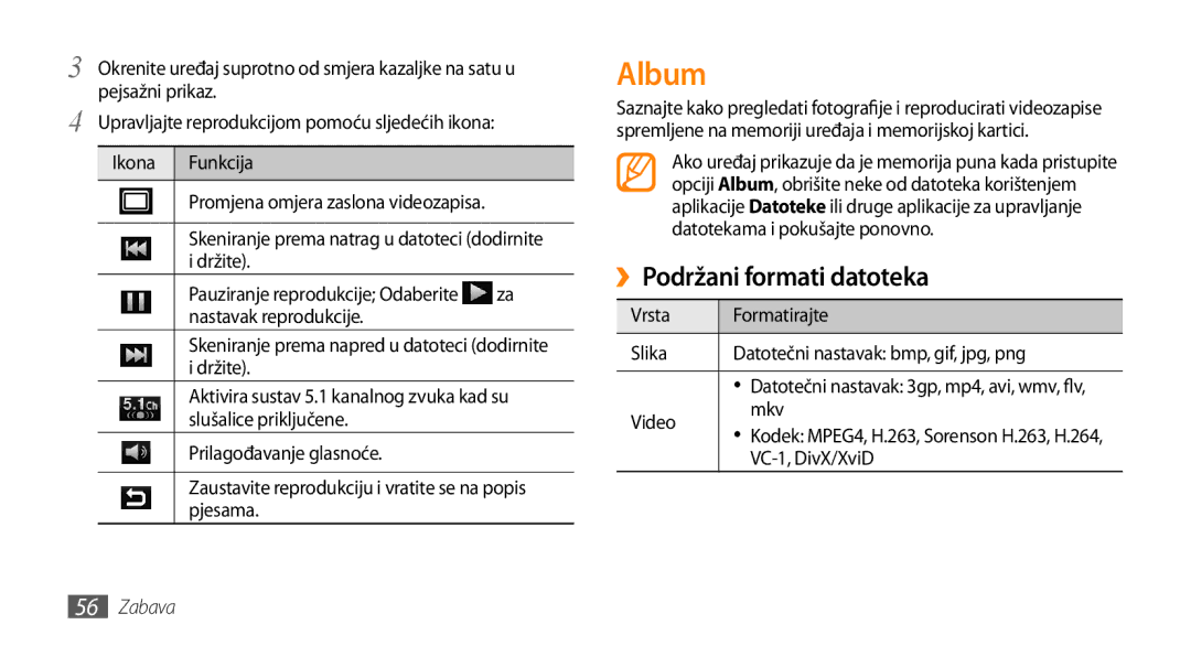 Samsung GT-I9000HKYVIP, GT-I9000HKDVIP, GT-I9000HKDXEU, GT-I9000HKYTSR, GT-I9000HKYSMO Album, ››Podržani formati datoteka 