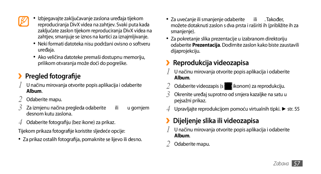 Samsung GT-I9000HKYTSR manual ››Pregled fotografije, ››Reprodukcija videozapisa, ››Dijeljenje slika ili videozapisa, Album 