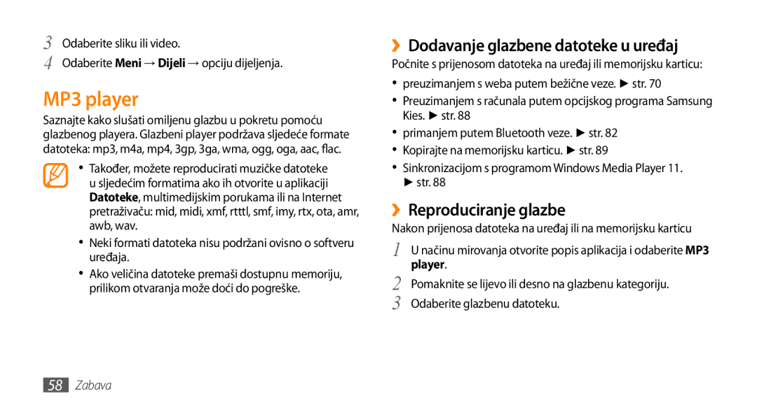 Samsung GT-I9000HKYSMO, GT-I9000HKDVIP manual MP3 player, ››Dodavanje glazbene datoteke u uređaj, ››Reproduciranje glazbe 