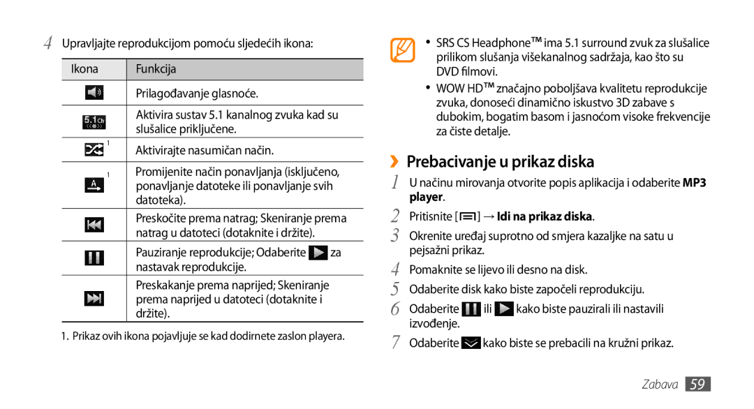 Samsung GT-I9000HKAVIP manual ››Prebacivanje u prikaz diska, Slušalice priključene, Aktivirajte nasumičan način, Player 