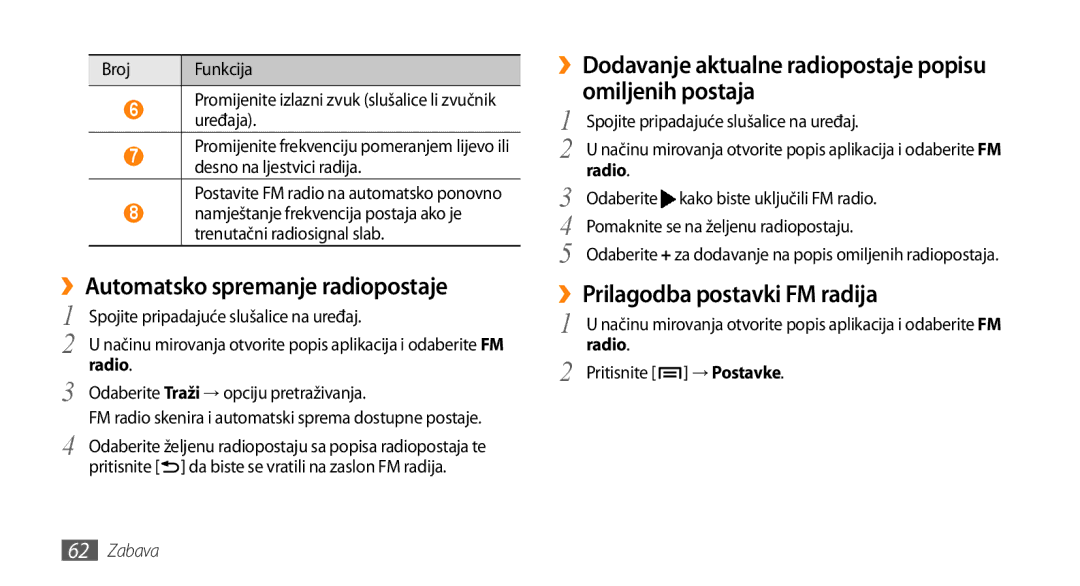 Samsung GT-I9000HKDTRA ››Automatsko spremanje radiopostaje, ››Dodavanje aktualne radiopostaje popisu omiljenih postaja 