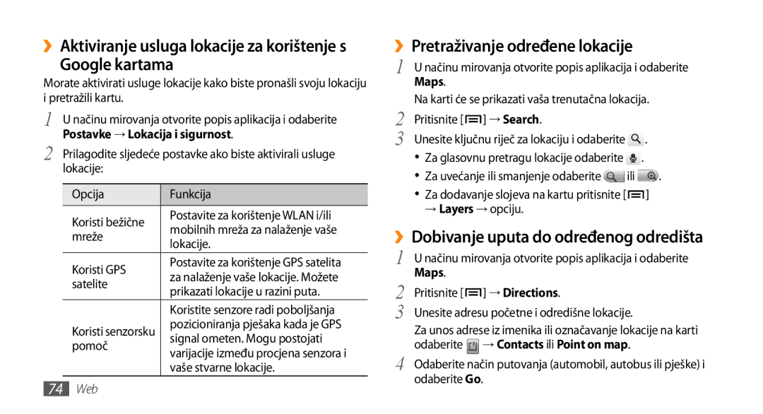 Samsung GT-I9000HKYVIP manual Google kartama, ››Pretraživanje određene lokacije, ››Dobivanje uputa do određenog odredišta 