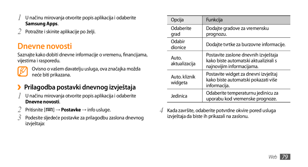 Samsung GT-I9000HKYTWO, GT-I9000HKDVIP manual Dnevne novosti, ››Prilagodba postavki dnevnog izvještaja, Samsung Apps 