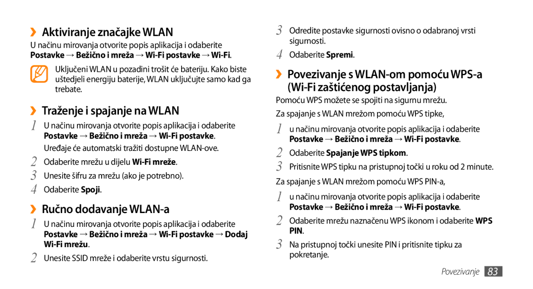 Samsung GT-I9000HKDTSR manual ››Aktiviranje značajke Wlan, ››Traženje i spajanje na Wlan, ››Ručno dodavanje WLAN-a 