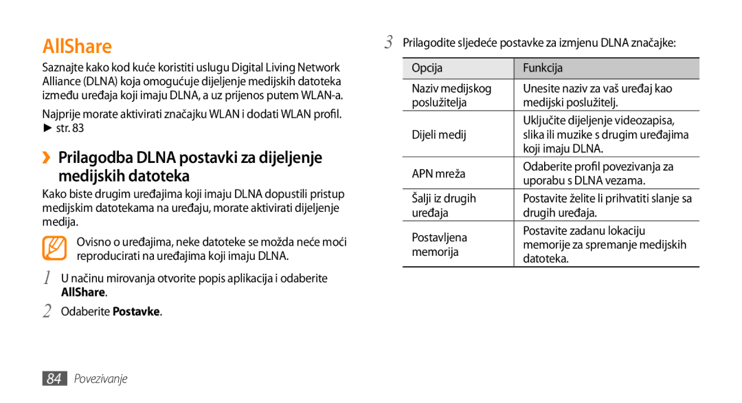 Samsung GT-I9000HKATRA, GT-I9000HKDVIP manual AllShare, ››Prilagodba Dlna postavki za dijeljenje medijskih datoteka 