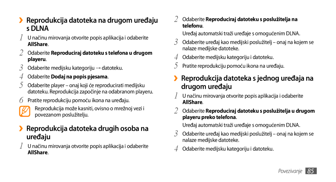 Samsung GT-I9000HKACRO Dlna, ››Reprodukcija datoteka drugih osoba na uređaju, Odaberite Dodaj na popis pjesama, AllShare 