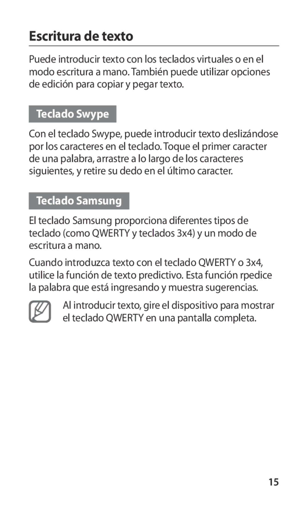 Samsung GT-I9000HKYATL, GT-I9000HKDVIP, GT-I9000HKYFOP, GT-I9000HKAATL Escritura de texto, Teclado Swype, Teclado Samsung 