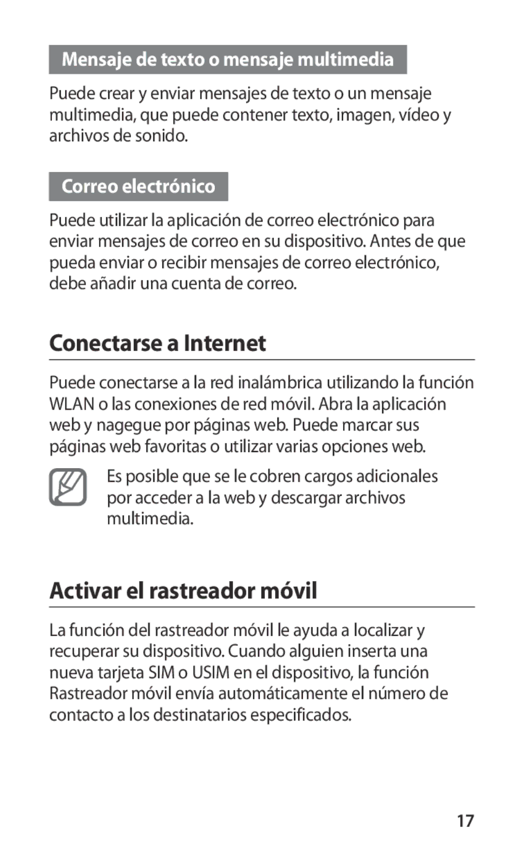 Samsung GT-I9000HKDXEC manual Conectarse a Internet, Activar el rastreador móvil, Mensaje de texto o mensaje multimedia 