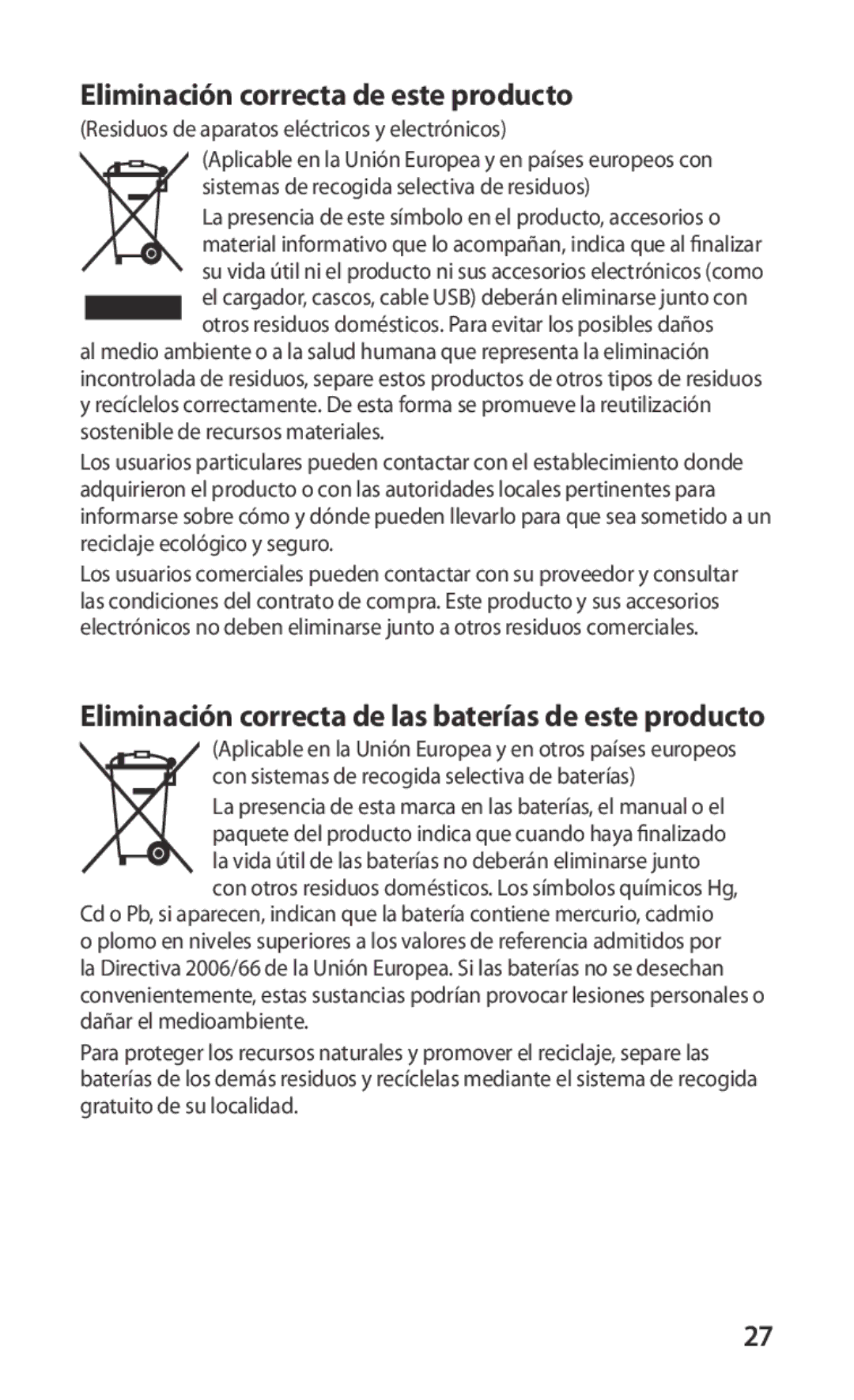 Samsung GT-I9000HKDATL manual Eliminación correcta de este producto, Residuos de aparatos eléctricos y electrónicos 