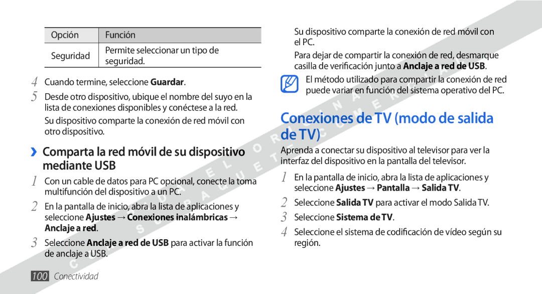 Samsung GT-I9000HKDVIP manual Conexiones de TV modo de salida de TV, ››Comparta la red móvil de su dispositivo mediante USB 