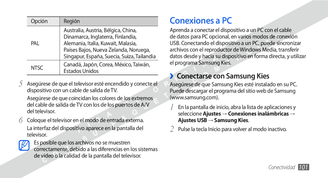 Samsung GT-I9000HKYFOP, GT-I9000HKDVIP manual Conexiones a PC, ››Conectarse con Samsung Kies, Opción Región, Estados Unidos 