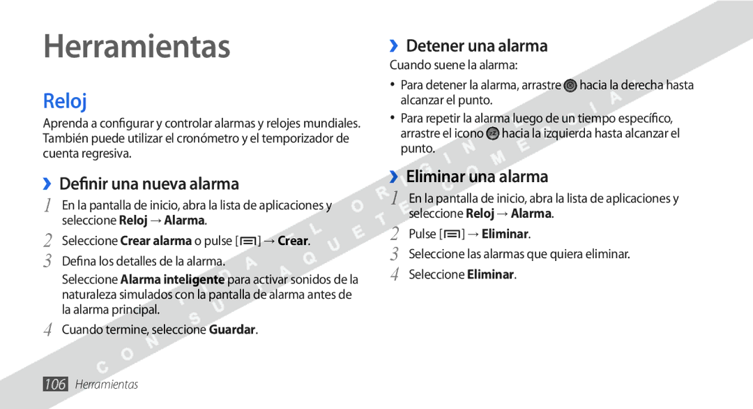 Samsung GT-I9000HKYAMN manual Herramientas, Reloj, ››Definir una nueva alarma, ››Detener una alarma, ››Eliminar una alarma 