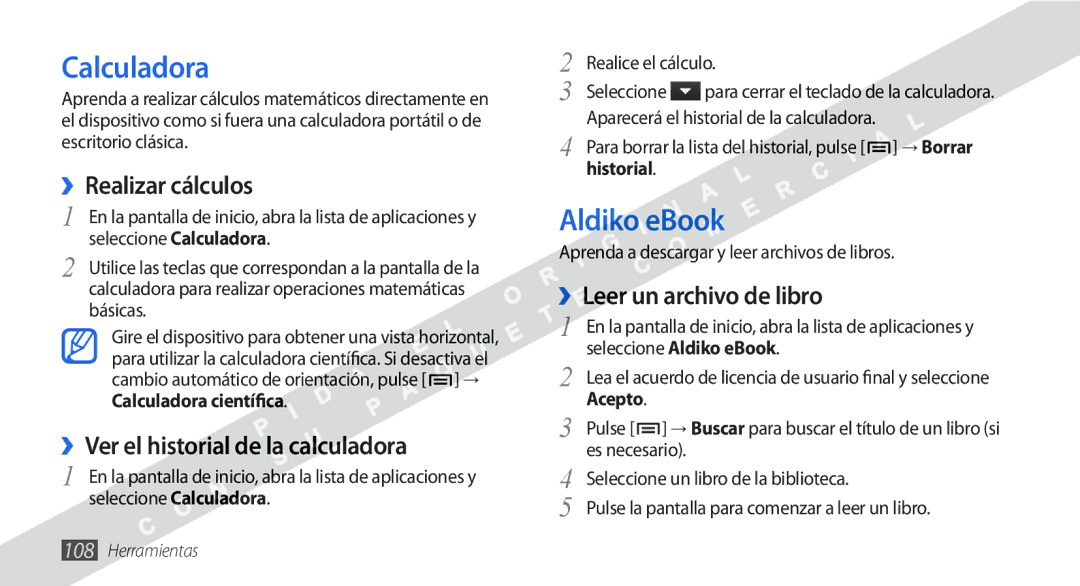 Samsung GT-I9000HKDATL manual Calculadora, Aldiko eBook, ››Realizar cálculos, ››Ver el historial de la calculadora 