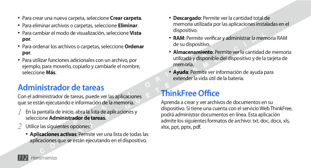 Samsung GT-I9000HKDFWD, GT-I9000HKDVIP manual Administrador de tareas, ThinkFree Office, Utilice las siguientes opciones 