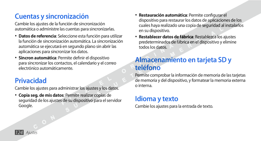 Samsung GT-I9000HKXATL manual Cuentas y sincronización, Privacidad, Almacenamiento en tarjeta SD y teléfono, Idioma y texto 