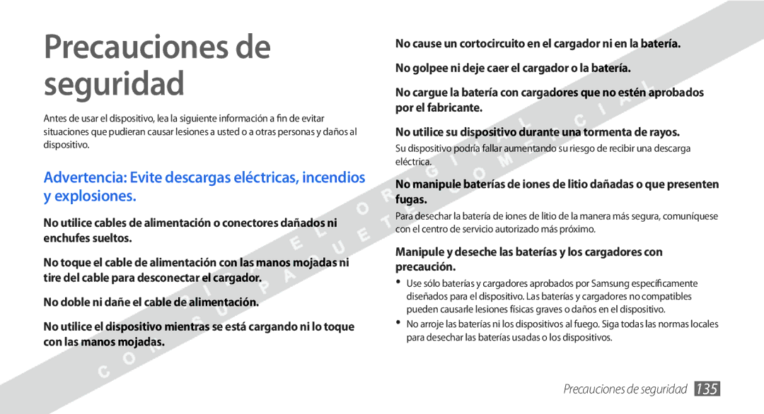 Samsung GT-I9000HKYXEC, GT-I9000HKDVIP, GT-I9000HKYFOP, GT-I9000HKAATL, GT-I9000HKAXSO manual Precauciones de seguridad 