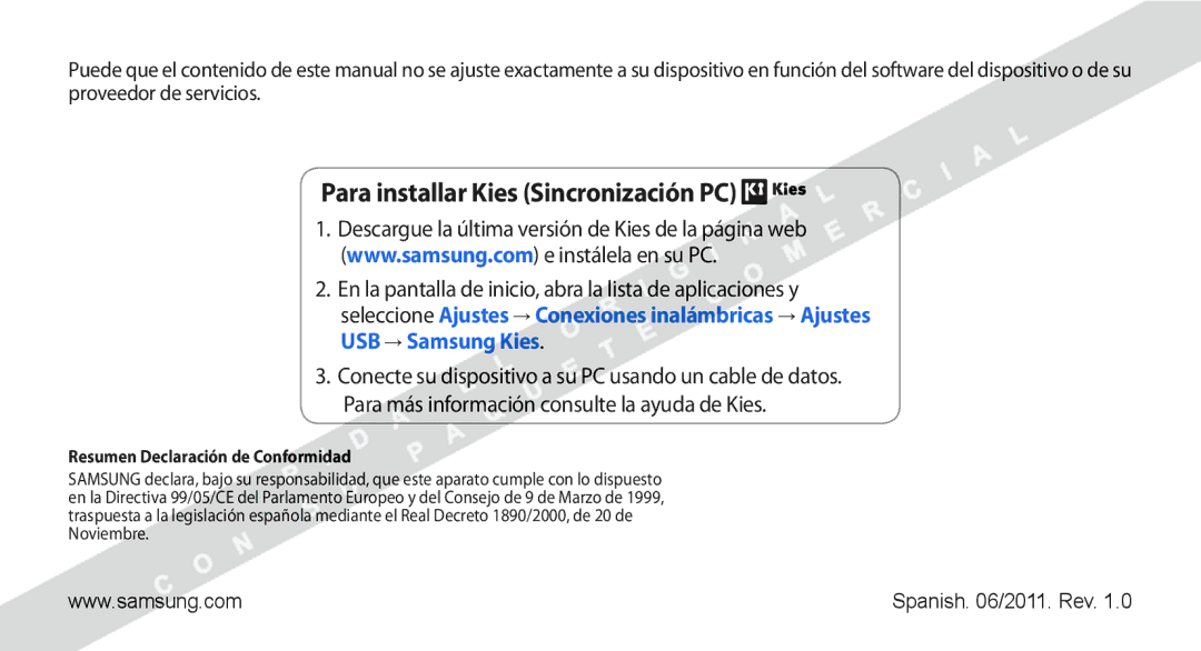 Samsung GT-I9000HKDFWD, GT-I9000HKDVIP manual Para installar Kies Sincronización PC, Resumen Declaración de Conformidad 