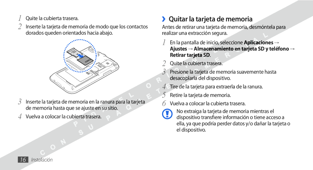 Samsung GT-I9000HKYATL, GT-I9000HKDVIP, GT-I9000HKYFOP manual ››Quitar la tarjeta de memoria, Quite la cubierta trasera 