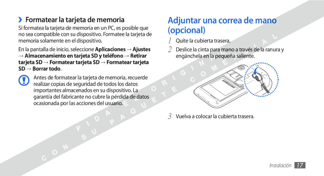 Samsung GT-I9000RWYFOP, GT-I9000HKDVIP manual Adjuntar una correa de mano opcional, ››Formatear la tarjeta de memoria 