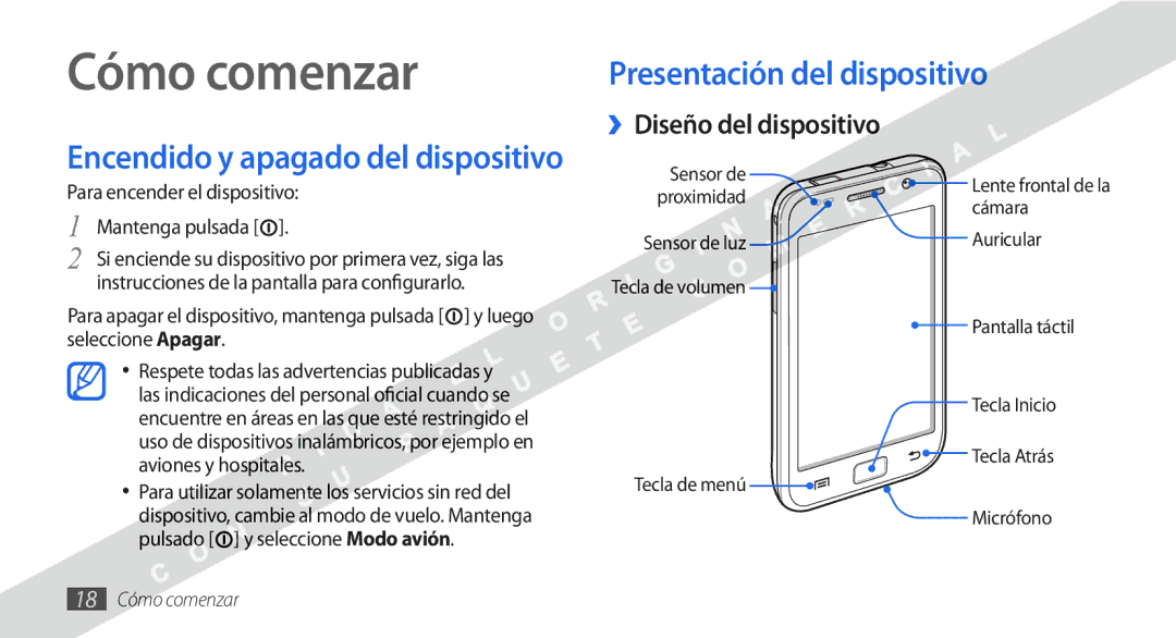 Samsung GT-I9000HKDXEC, GT-I9000HKDVIP manual Cómo comenzar, Presentación del dispositivo, ››Diseño del dispositivo 