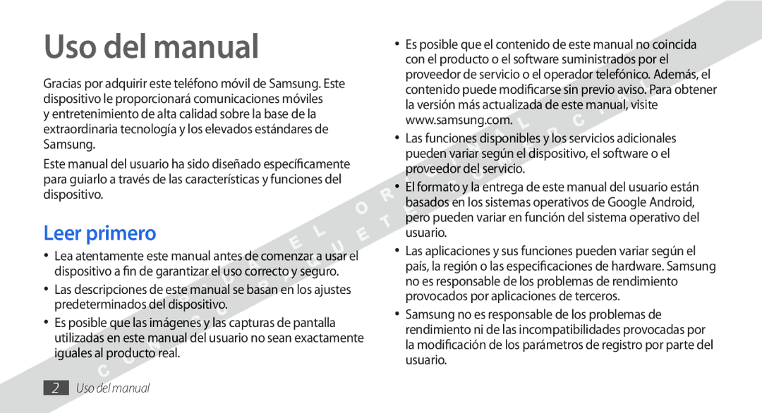 Samsung GT-I9000HKAATL, GT-I9000HKDVIP, GT-I9000HKYFOP, GT-I9000HKAXSO, GT-I9000HKXATL Uso del manual, Leer primero 